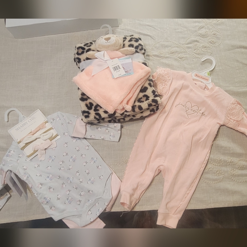 Pink and Gray Baby Onesie Set with Blanket Set 3 Pieces !!!!( 3 SETS )!!!!